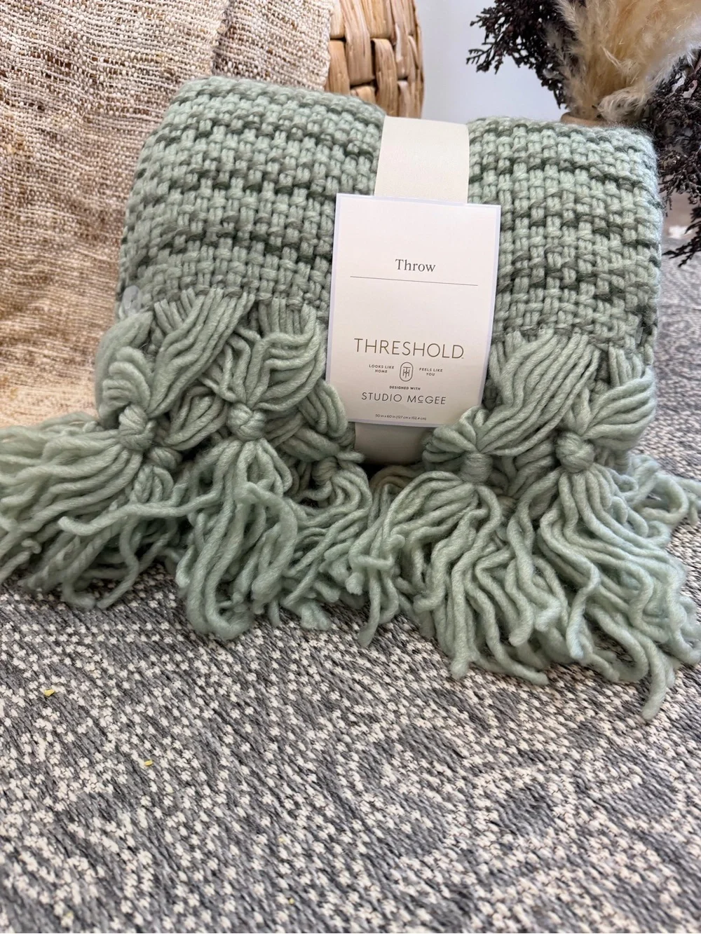 Studio McGee Mint Sage Knit Throw with Fringe